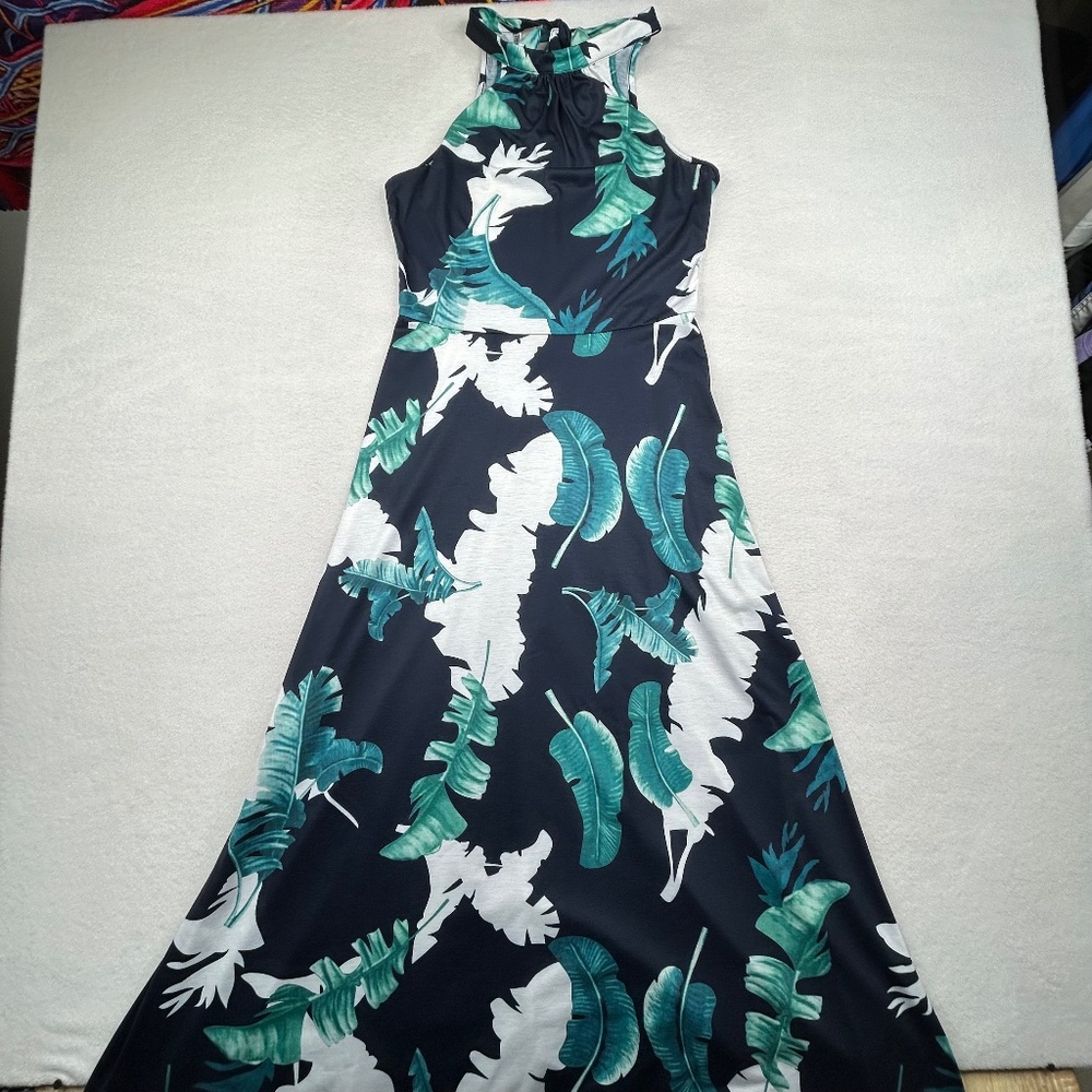 Palm leaf Floral Print Halter Maxi Dress navy Blue and teal Women’s Small